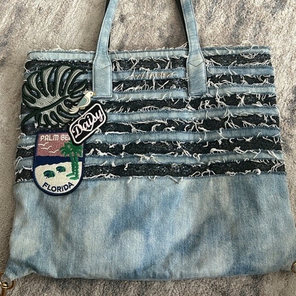 Marc Jacobs Wingman Striped Denim Tote Bag Sequined Tropical Patche - Picture 1 of 8